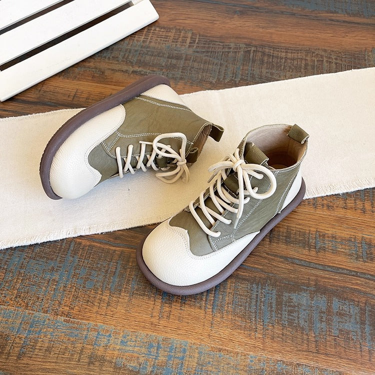 Women's Leather Lace-Up Ankle Shoes – Round Toe & Patchwork Design