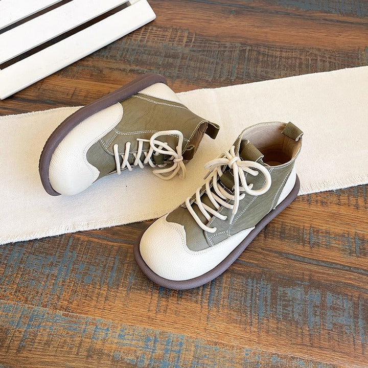 Women's Leather Lace-Up Ankle Shoes – Round Toe & Patchwork Design