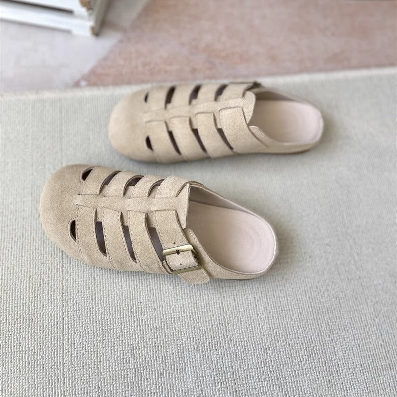 Women's Suede Round Toe Hollowed Out Casual Buckle Mule