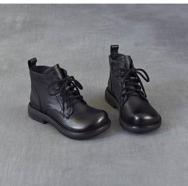 Women's Vintage Leather Ankle Boots Zipper Lace Up Flat Combat Booties