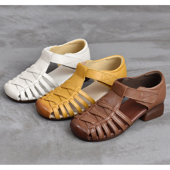 Women's Leather Fisherman Sandals - Closed Toe Woven Strappy Gladiator Sandals Low Block Heel