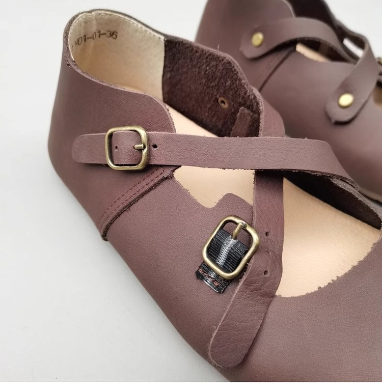Women's Hidden Wedge Heel Shoes - Handmade Vintage Style with Cross Strap Buckle
