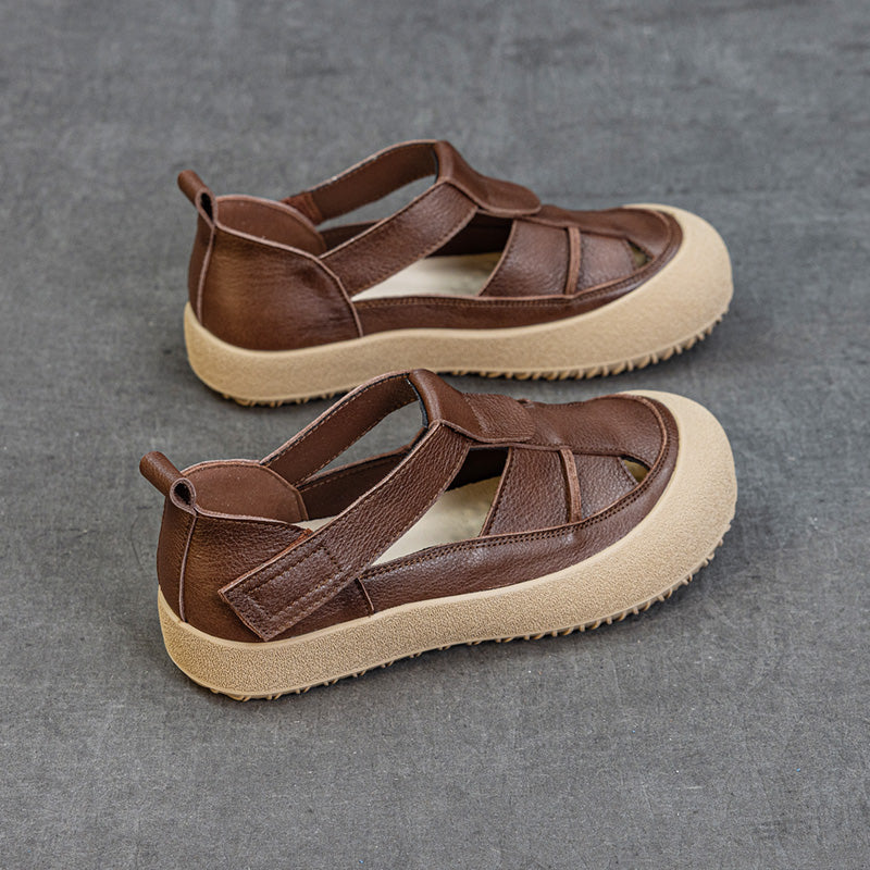 Womens Retro Woven Leather Fisherman Sandals Velcro Closed Toe Platform Walking Shoes