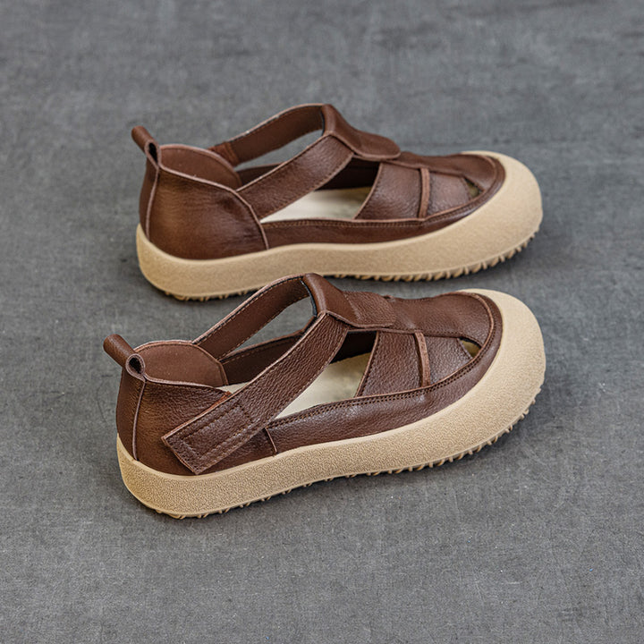 Womens Retro Woven Leather Fisherman Sandals Velcro Closed Toe Platform Walking Shoes