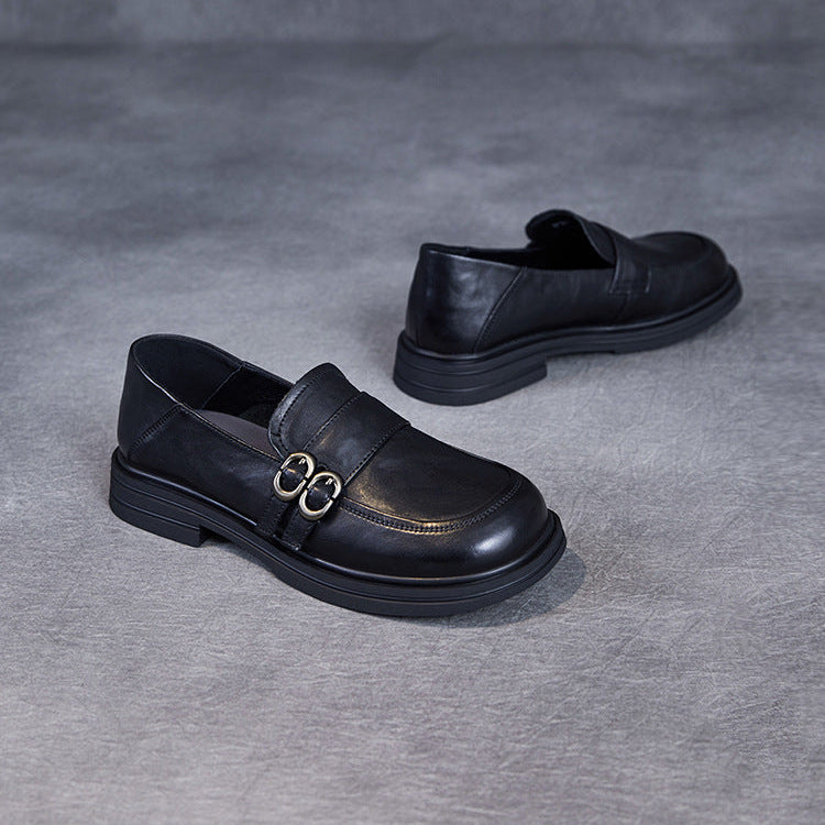 Women’s Leather Slip-On Loafers – Vintage British Low Heel