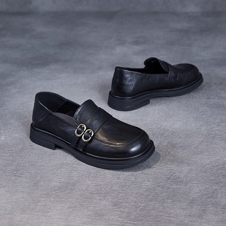 Women’s Leather Slip-On Loafers – Vintage British Low Heel