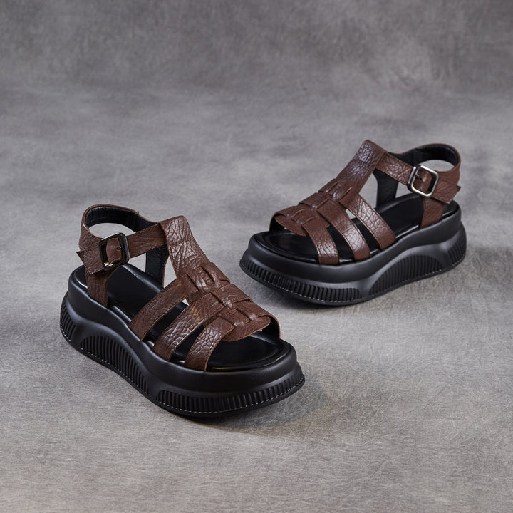 Women's Retro Leather Roman Sandals Vintage Round Toe Platform Chunky Platform Heels