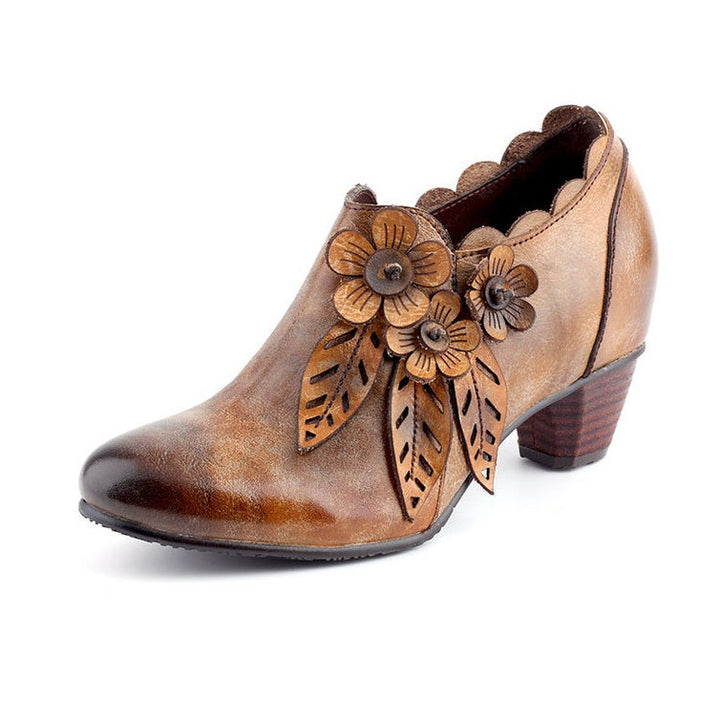 Womens Genuine Leather Heeled Boots Boho Vintage Shoes