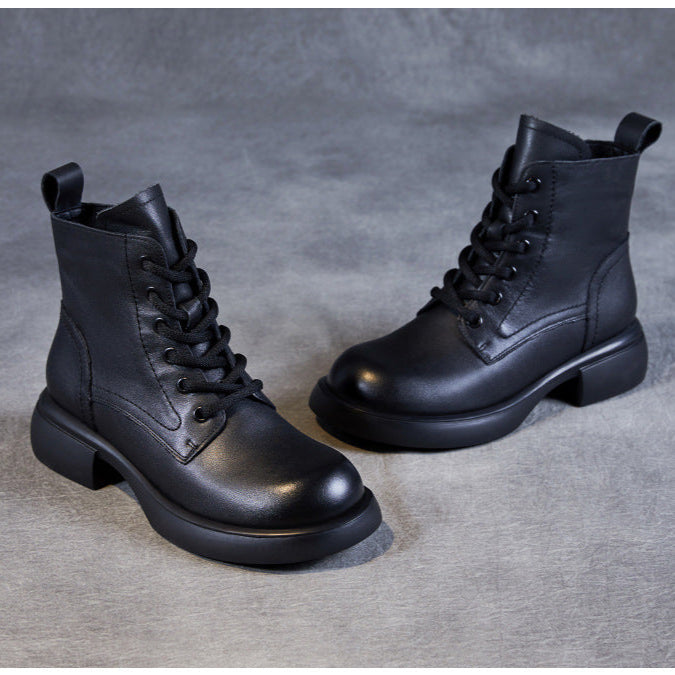 Women's Genuine Leather Lace-Up Side Zip Ankle Boots – Casual & Versatile
