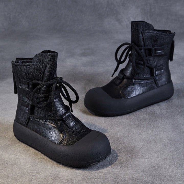 Women's Lace-Up Platform Boots – Genuine Leather Casual Back Zipper Boots