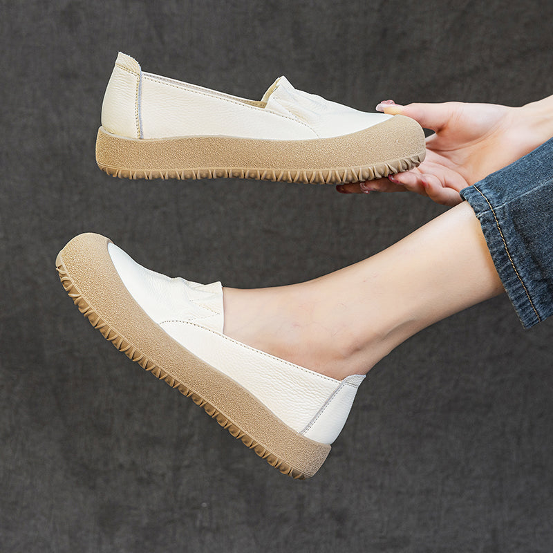 Womens Casual Leather Slip-on Loafers Closed Toe Platform Walking Shoes Anti-Collision