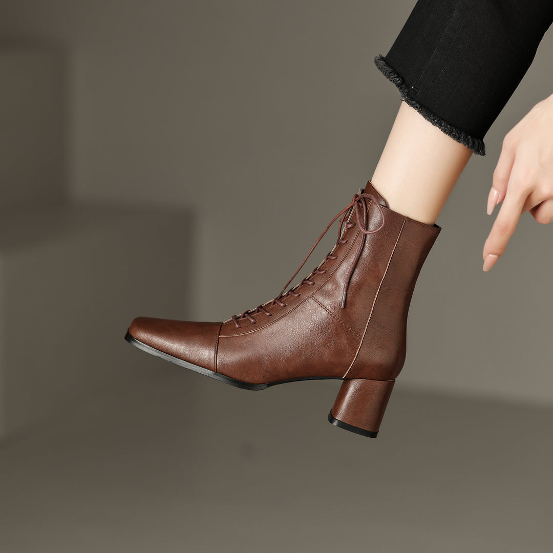 Womens Lace-up Zipper Square Toe Block Heels Leather Ankle Boots