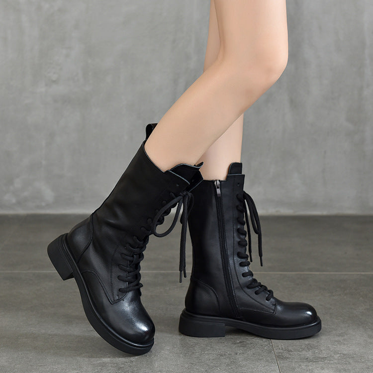 Women's Mid Calf Combat Boots Top-Grain Leather Lace Up Side Zipper Platform Booties