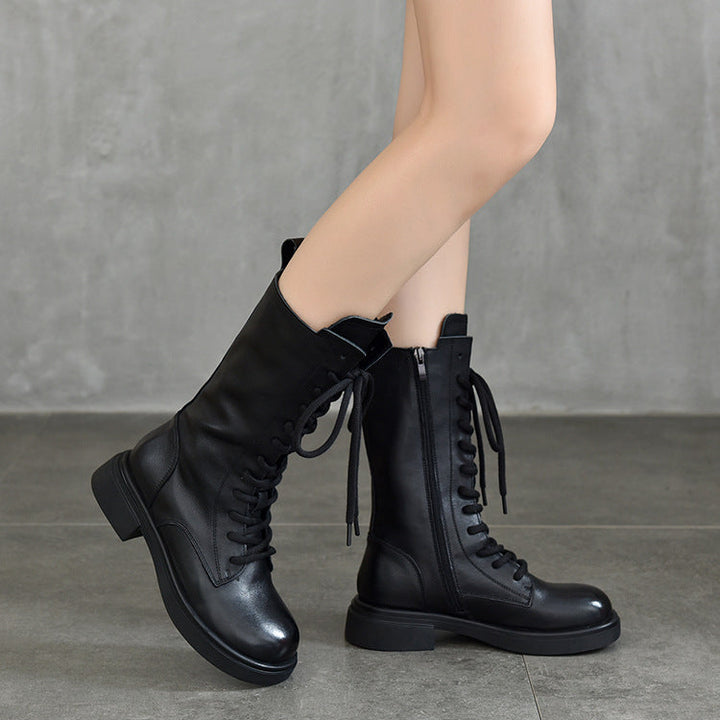 Women's Mid Calf Combat Boots Top-Grain Leather Lace Up Side Zipper Platform Booties