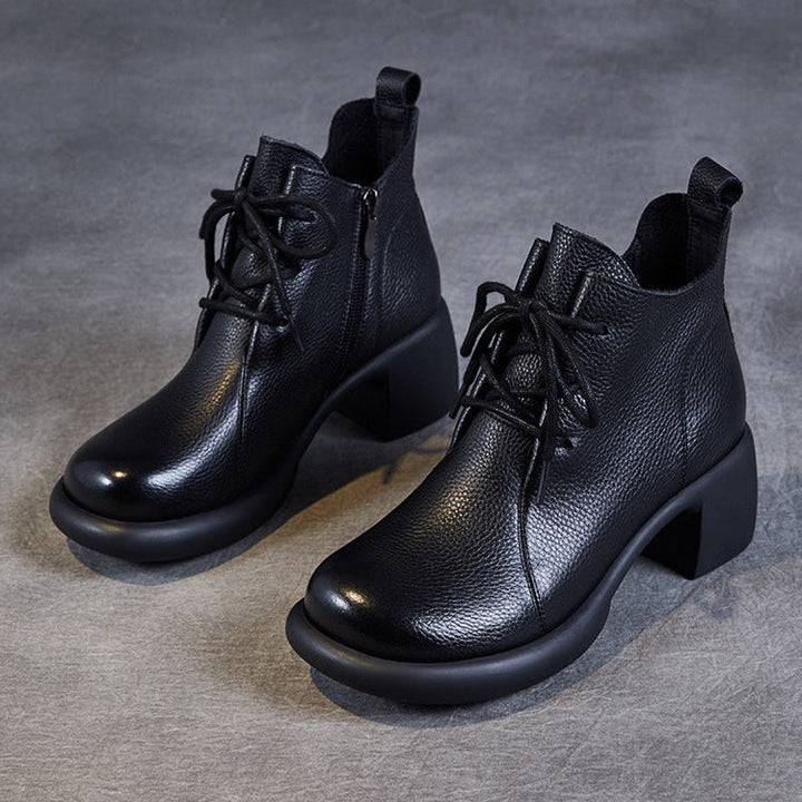 Women's Casual Lace-Up Ankle Boots – Round Toe Block Heel with Side Zipper