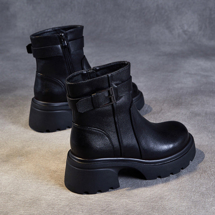 Women's Stylish Genuine Leather Platform Boots – Chunky Heel, Buckle & Side Zip