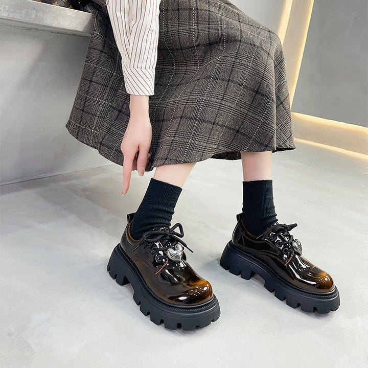 Women's Leather Oxford Shoes - Platform Chunky High Heel Derby  Shoes Lace-up Round Toe Spring Fall Brogues