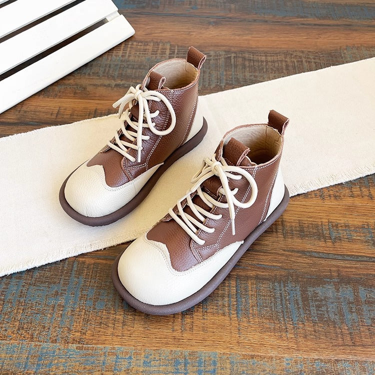 Women's Leather Lace-Up Ankle Shoes – Round Toe & Patchwork Design