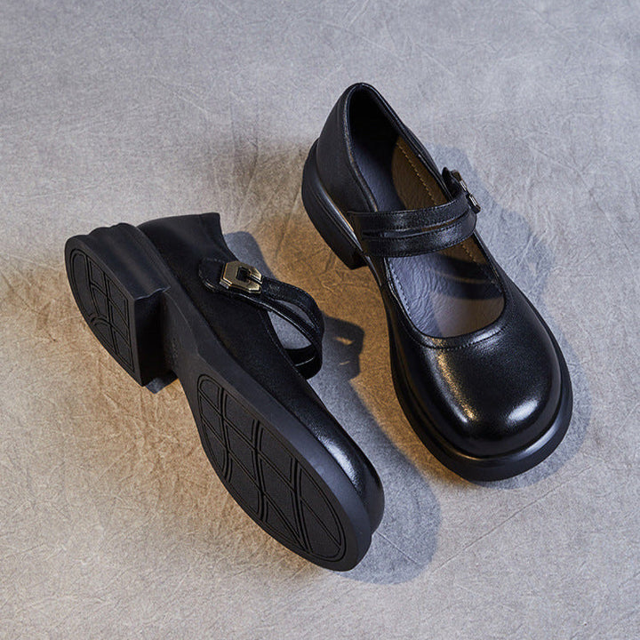 Women's Soft Leather Mary Janes – Round Toe Low Heel with Adjustable Velcro