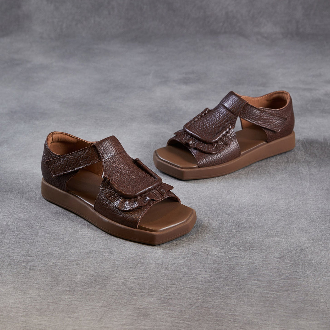 Women's Square Toe Platform Sandals Open Toe Retro Velcro Leather Ruffled Casual Summer Flats