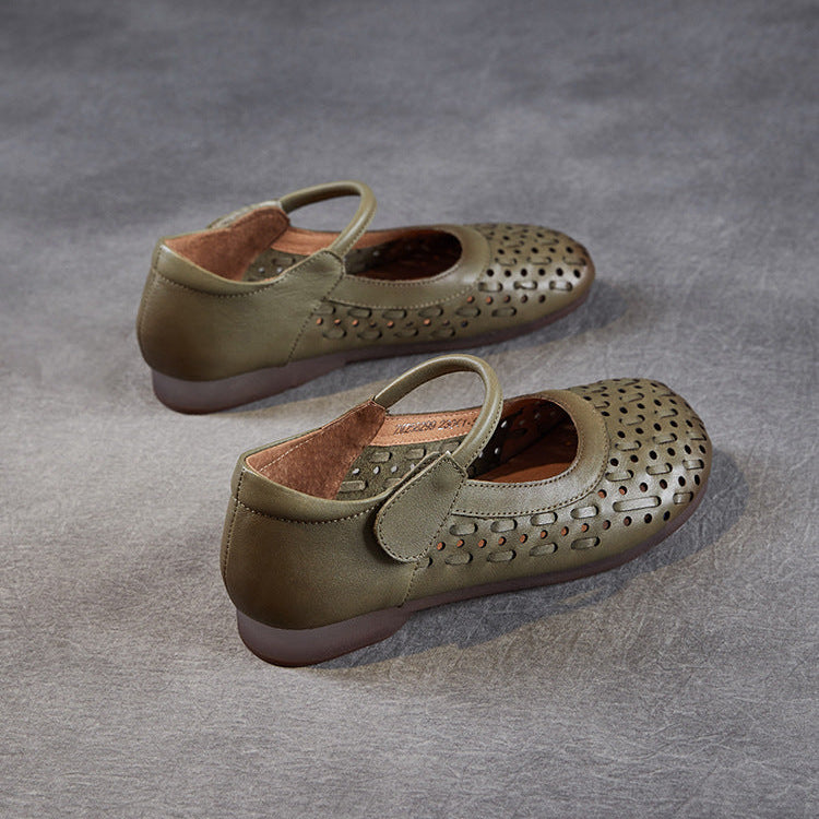 Women's Leather Mary Jane Sandals - Vintage Perforated Cut-Out Closed Round Toe Flat Shoes with Velcro