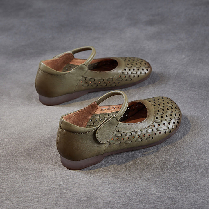Women's Leather Mary Jane Sandals - Vintage Perforated Cut-Out Closed Round Toe Flat Shoes with Velcro