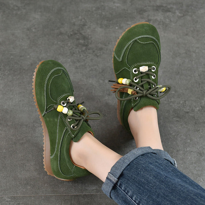 Women’s Spring Retro Beaded Leather Sneakers – Casual Lightweight Shoes
