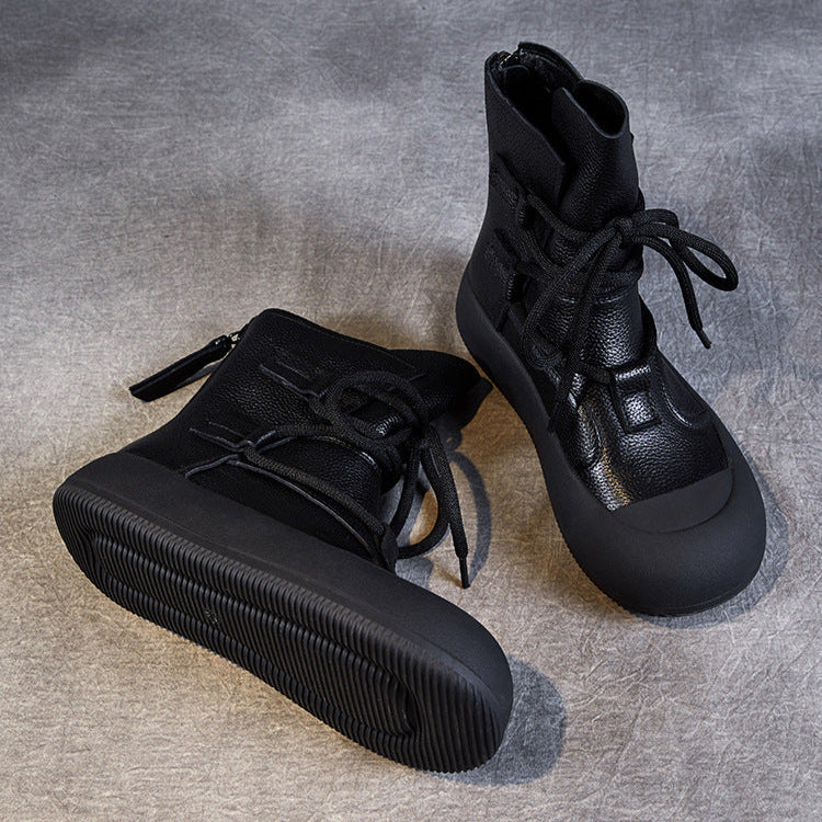 Women's Lace-Up Platform Boots – Genuine Leather Casual Back Zipper Boots