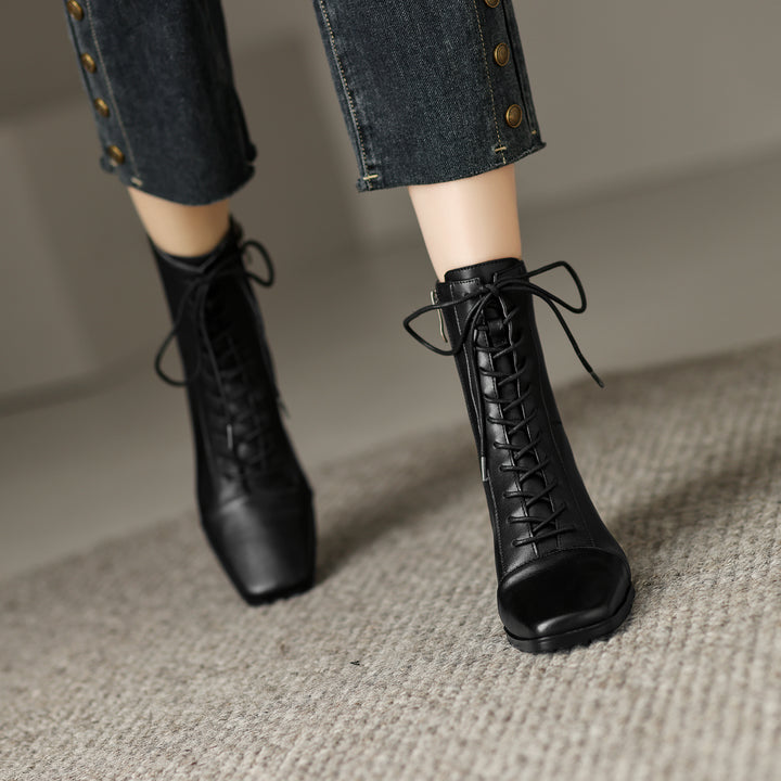 Womens Lace-up Zipper Square Toe Block Heels Leather Ankle Boots