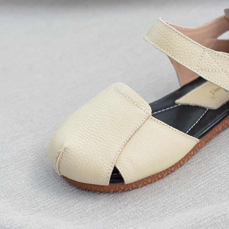 Women's Soft Leather Closed-Toe Velcro Sandals – Comfortable Flat Style