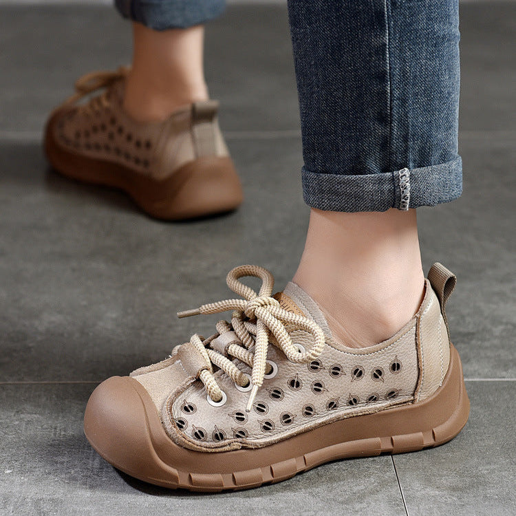 Women's Perforated Cowhide Sneakers - Unlined Summer Leisure Shoes - Thick Sole