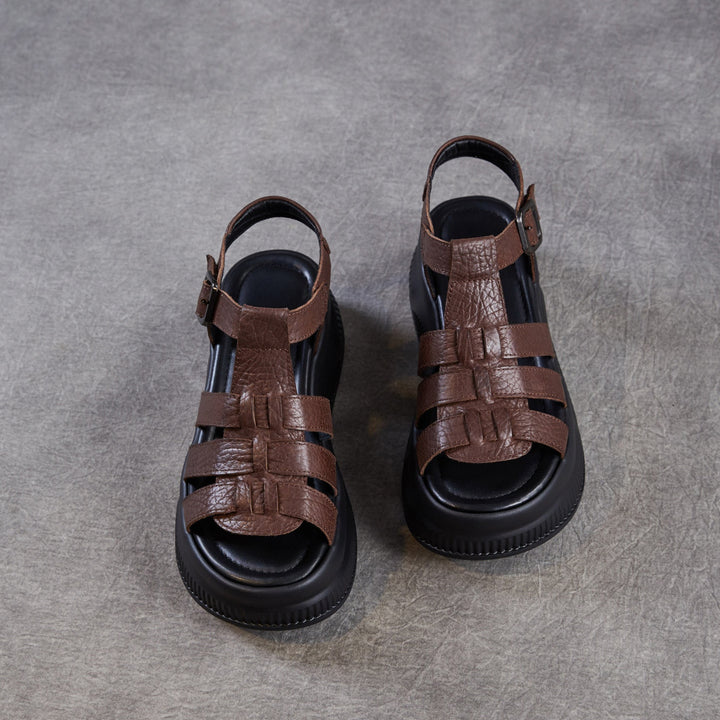 Women's Retro Leather Roman Sandals Vintage Round Toe Platform Chunky Platform Heels