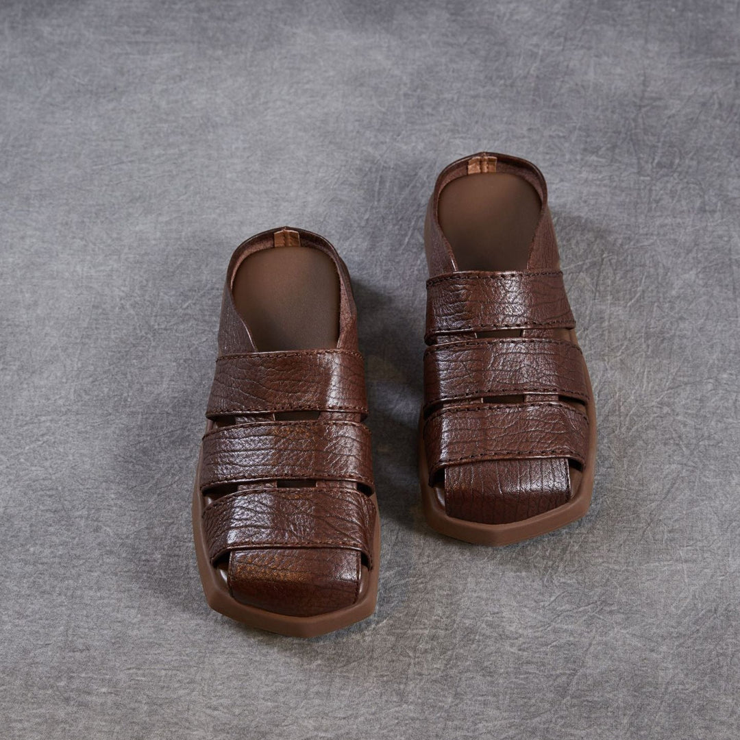 Women's Leather Mules - Multi-Strap Woven Closed Flat Sandals Casual Summer Slip-On Slides