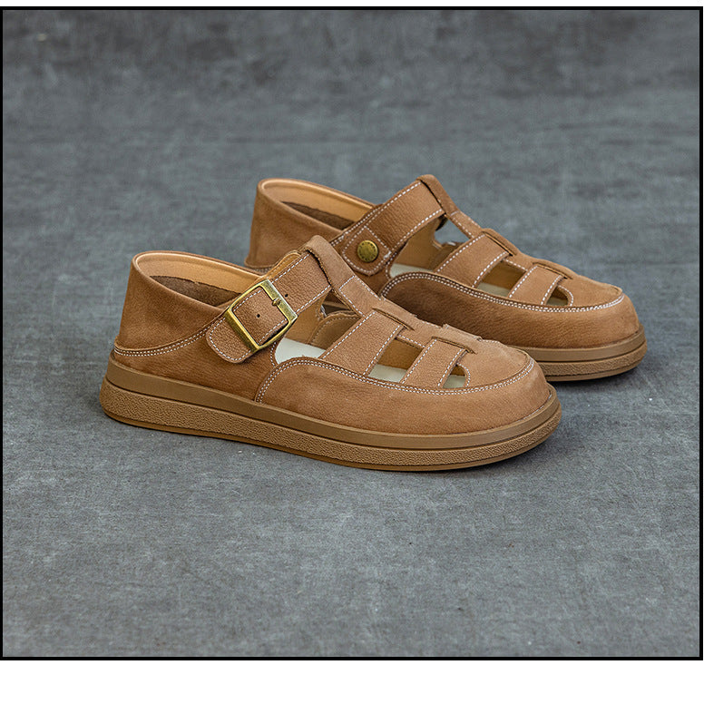 Leather Fisherman Sandals - Women's Retro Round Toe Platform Summer Flats
