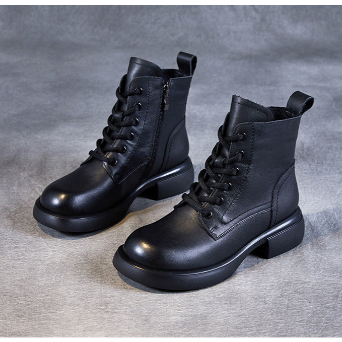 Women's Genuine Leather Lace-Up Side Zip Ankle Boots – Casual & Versatile
