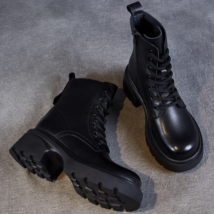 Women's Casual Genuine Leather Platform Boots – Chunky Heel & Side Zip