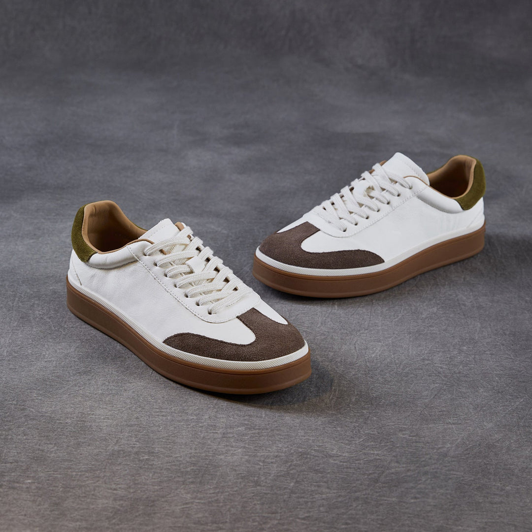 Womens Retro Cowhide Suede Patchwork Sneakers Vintage Round Toe Gum Sole Lace-up Flats