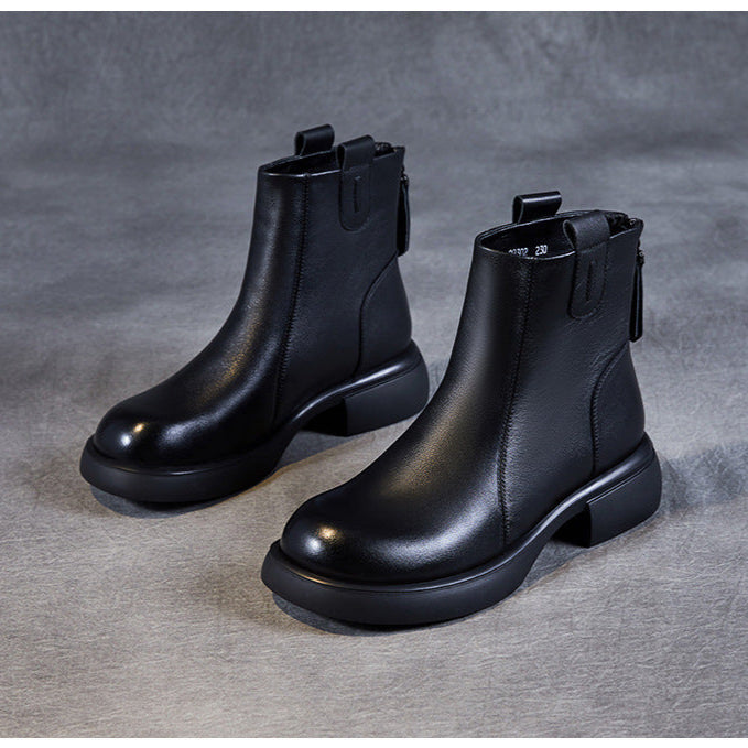 Women's Low Heel Casual Genuine Leather Boots with Back Zipper