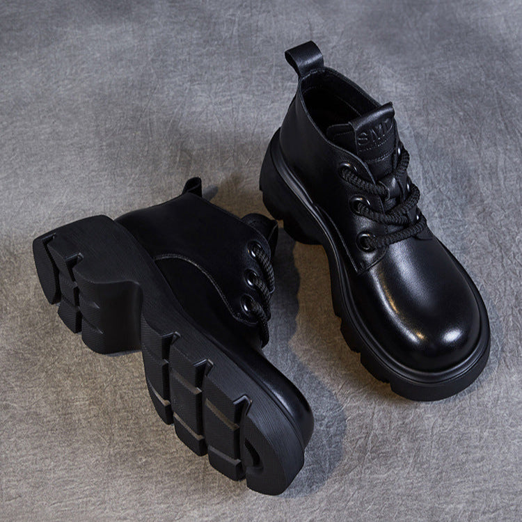 Women's Retro Genuine Leather Platform Lace-Up Chunky Boots
