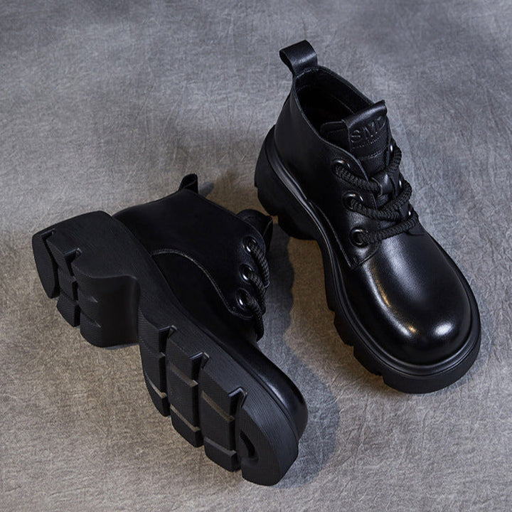 Women's Retro Genuine Leather Platform Lace-Up Chunky Boots