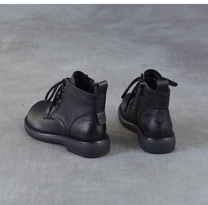 Women's Vintage Leather Ankle Boots Zipper Lace Up Flat Combat Booties