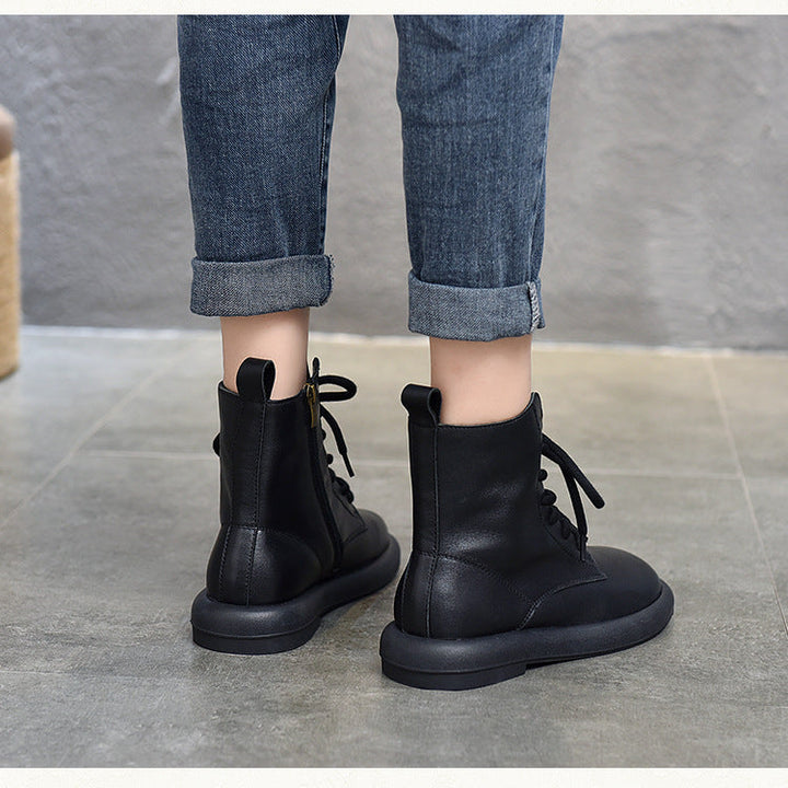 Women's Genuine Leather Casual Boots – Lace-Up & Zipper Design