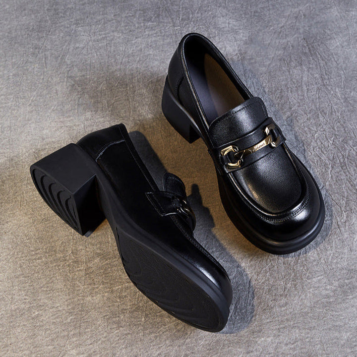 Women's Genuine Leather Loafers – Mid Heel Slip-On Shoes with Metal Accent