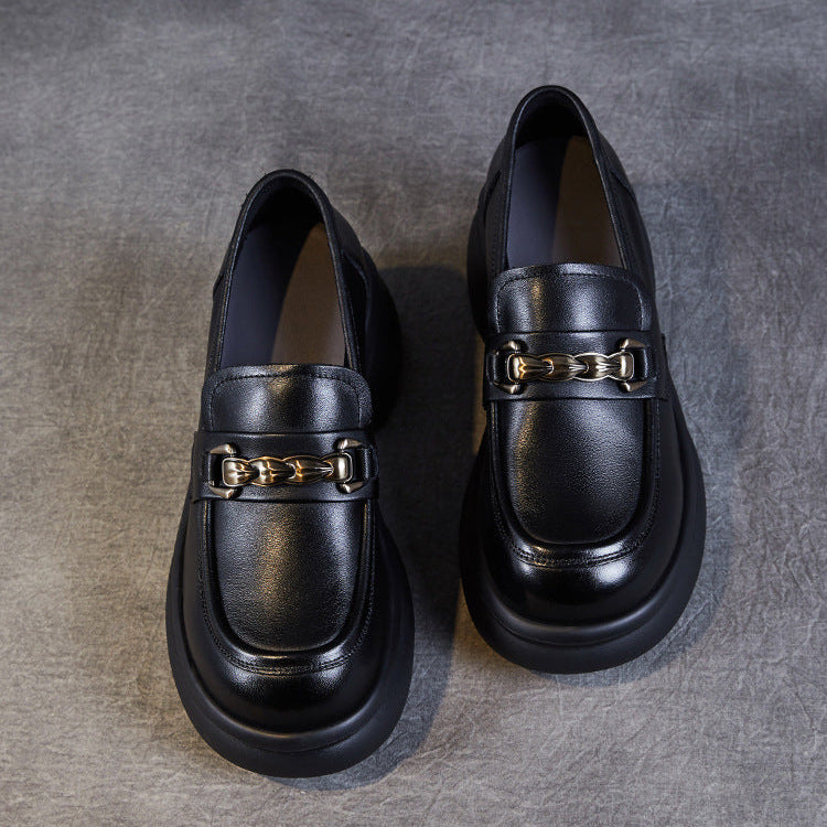 Women’s Leather Platform Block Heel Loafers – British Vintage Chain Detail