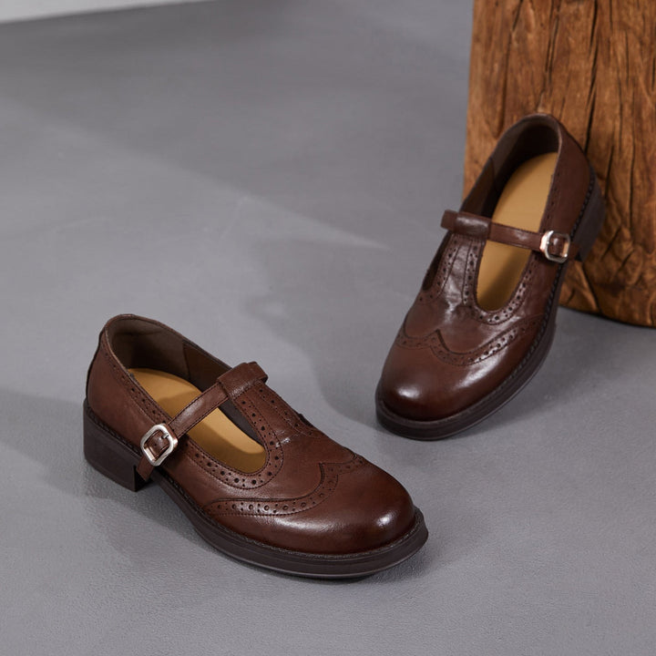 Women's Brogue T-Strap Mary Janes - Unlined Cowhide Leather - Block Heel