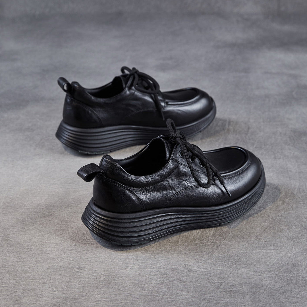 Women’s Leather Lace-Up Platform Wedge Shoes – Retro Non-Slip Casual Style