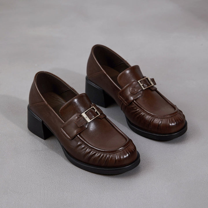 Women's Sheepskin Loafers - Ruched Leather Buckle Block Heel