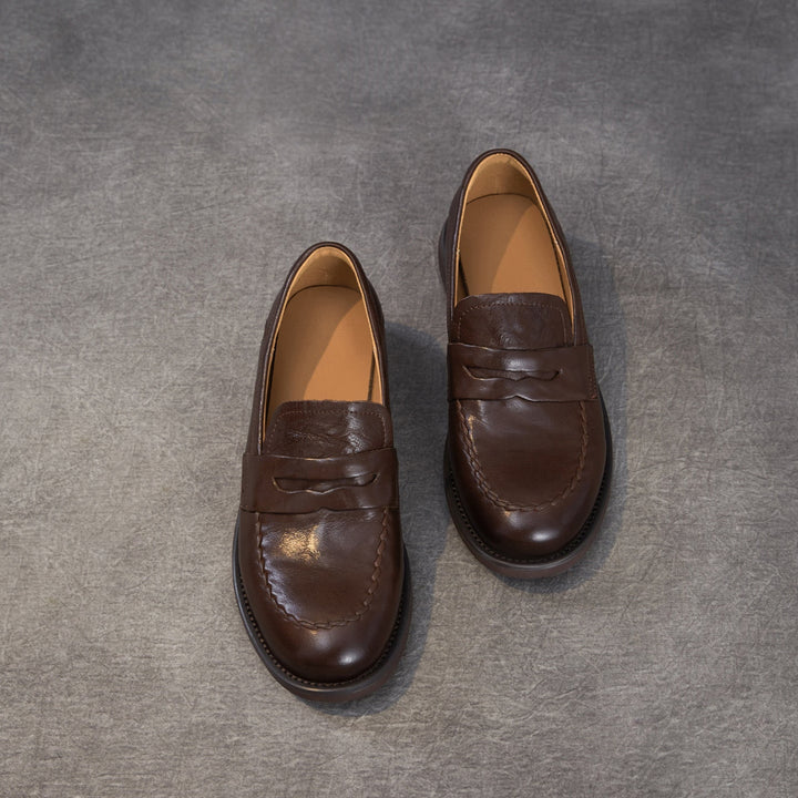 Women's Genuine Leather Penny Loafers Vintage Slip-on Round Toe Low Heel Shoes