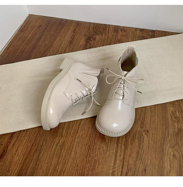 Women's Vegan Leather Ankle Boots Lace Up Casual Low Heel Booties Comfortable Walking Shoes