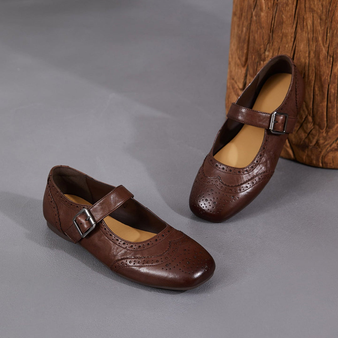 Women's Vintage British Style Leather Mary Janes - Hand-Punched Brogue Details - Soft Walking Shoes